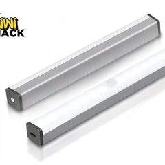 Two silver slim under-cabinet LED light bars with motion sensors and rechargeable USB ports, featuring a "Kiwi Shack" logo in the top left corner.