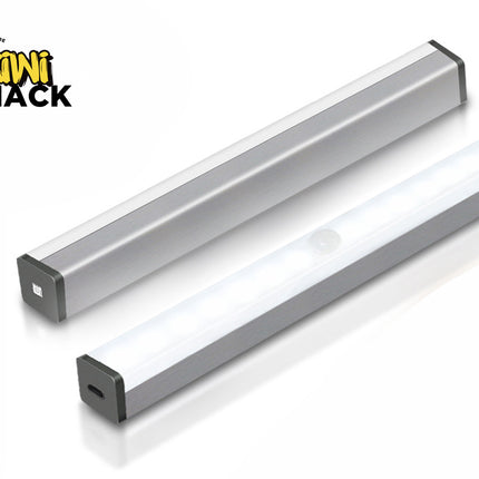 Two silver slim under-cabinet LED light bars with motion sensors and rechargeable USB ports, featuring a "Kiwi Shack" logo in the top left corner.