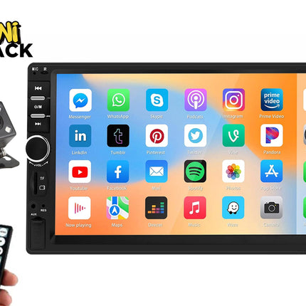 A double-din car stereo touchscreen head unit with app icons displayed, accompanied by a backup camera and remote control, featuring the "Kiwi Shack" logo in the top-left corner.