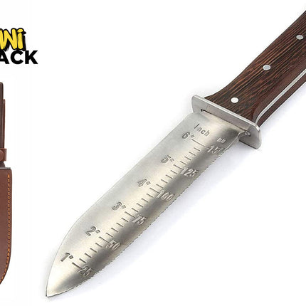 A measuring knife shown open on a white background, with a smaller inset of the knife inserted into its brown leather sheath. The blade has engraved inch and centimeter measurements.
