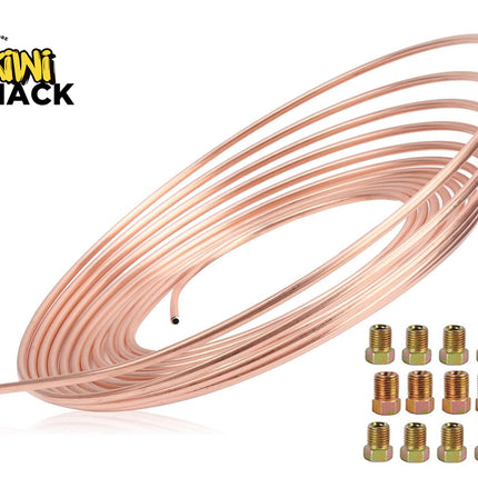 Coiled copper tubing with brass fittings on a white background, featuring the Kiwi Shack brand.