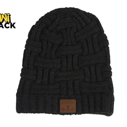 A black knitted winter beanie featuring a basketweave pattern and a brown leather control patch with integrated Bluetooth controls, featuring a "Kiwi Shack" logo in the top left corner.