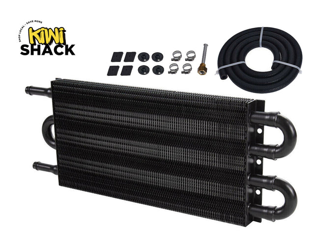 Oil cooler with accessories on a white background, featuring the Kiwi Shack brand.