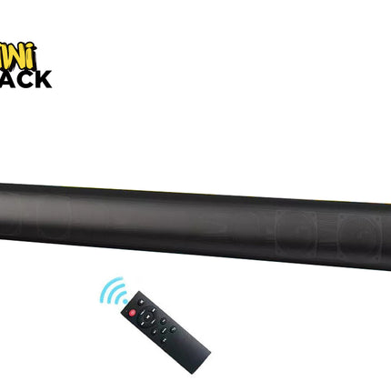 A black cylindrical mini soundbar with a remote control, shown on a white background with the KINI SHACK logo in the top left corner.