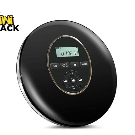 A black round portable CD player with a digital display and control buttons, shown on a white background with a Kiwi Shack logo in the top-left corner.
