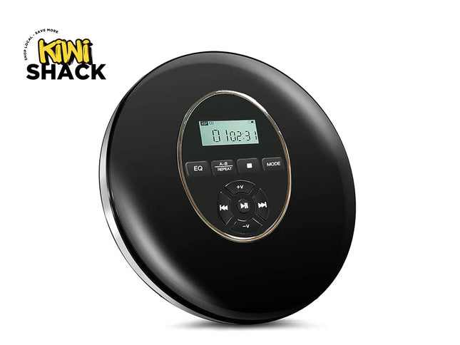 A black round portable CD player with a digital display and control buttons, shown on a white background with a Kiwi Shack logo in the top-left corner.