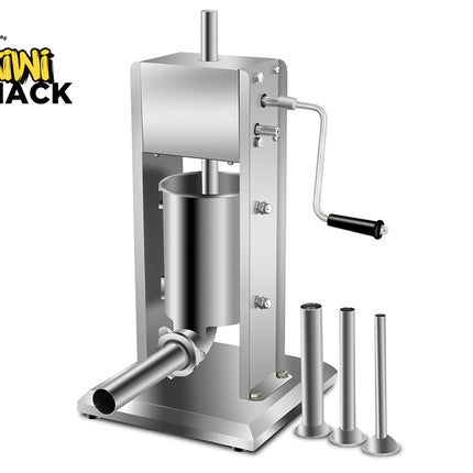 Stainless steel manual meat grinder with attachments on a white background, branded 'Kiwi Shack'.