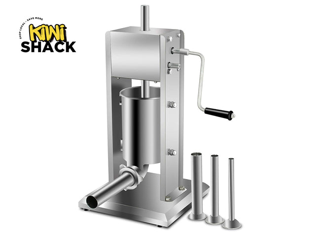 Stainless steel manual meat grinder with attachments on a white background, branded 'Kiwi Shack'.