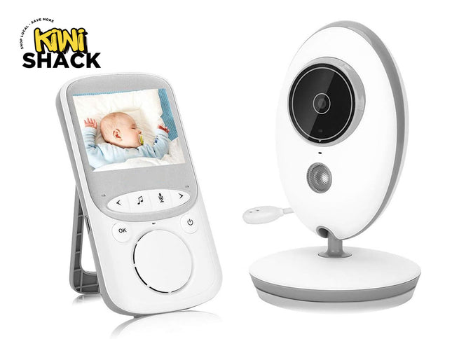 Baby monitor with screen displaying a baby and camera on a white background, branded as Kiwi Shack.