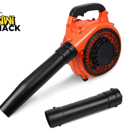 Orange and black leaf blower with interchangeable nozzles on a white background, featuring the Kiwi Shack brand.