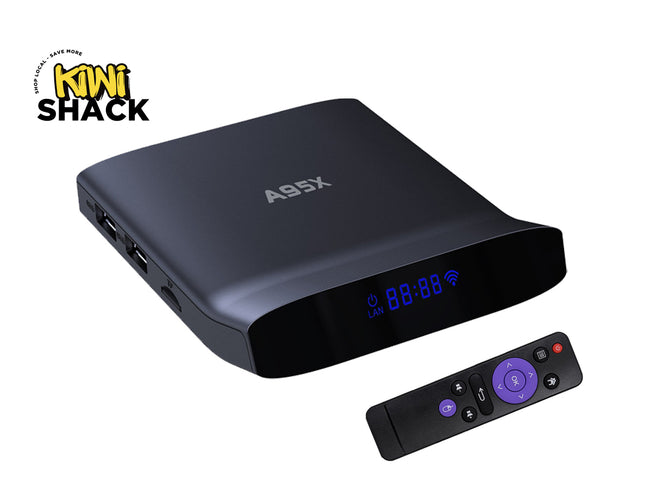 Black electronic device with digital display and remote control on a white background, featuring the Kiwi Shack brand.