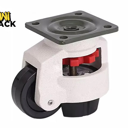 Kiwi Shack retractable leveling caster with a square top mounting plate, black wheel, and red adjustment gear.