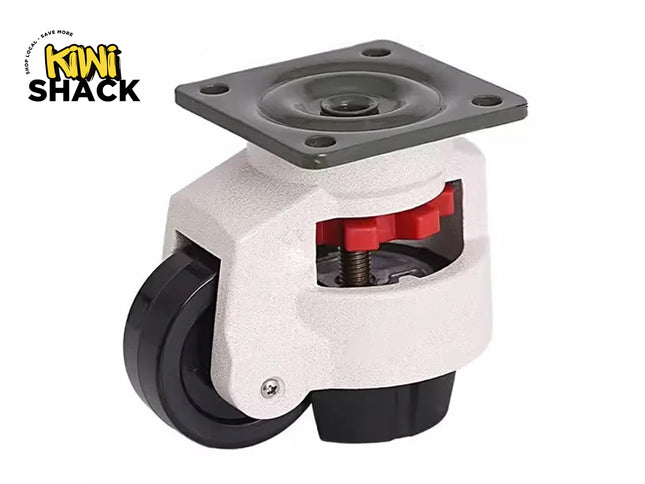 Kiwi Shack retractable leveling caster with a square top mounting plate, black wheel, and red adjustment gear.