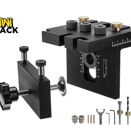 Black drill press table with accessories on a white background, featuring the Kiwi Shack brand.