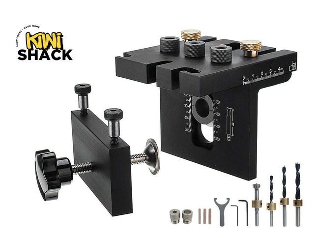 Black drill press table with accessories on a white background, featuring the Kiwi Shack brand.