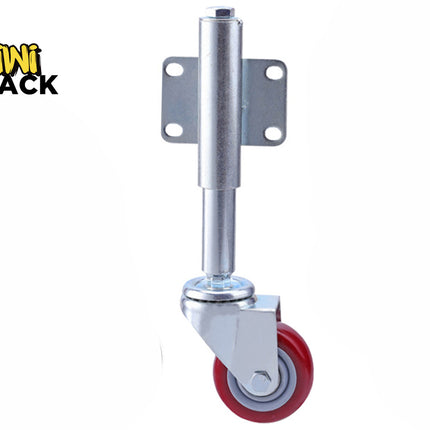 A heavy-duty metal swivel caster wheel with a red polyurethane wheel, a spring-loaded vertical mounting stem, and a flat plate with four pre-drilled bolt holes, set against a plain background with the "Kiwi Shack" logo in the top left corner.