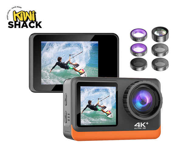 Action camera with screen displaying a person kiteboarding, surrounded by additional lenses on a white background.