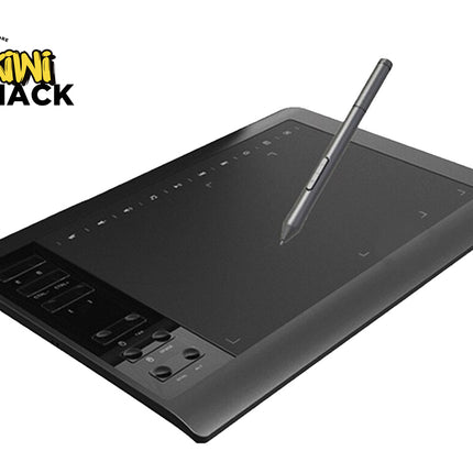 Graphic tablet with stylus on a white background, featuring the Kiwi Shack logo.