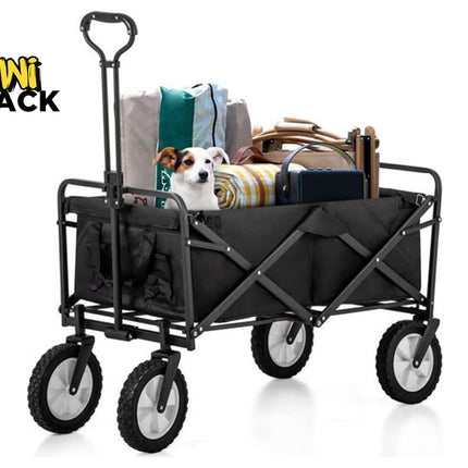 Collapsible wagon with items and a dog on a white background, featuring the Kiwi Shack brand.