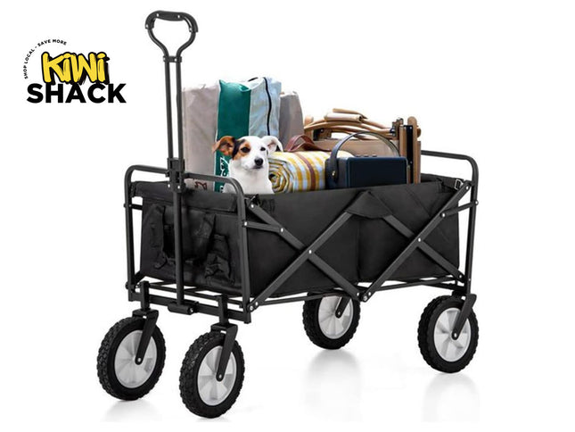 Collapsible wagon with items and a dog on a white background, featuring the Kiwi Shack brand.