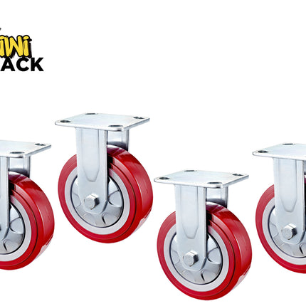 Four red and silver caster wheels arranged in a row on a white background, with the Kiwi Shack logo in the top-left corner.