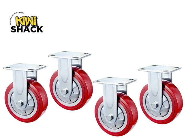 Four red and silver caster wheels arranged in a row on a white background, with the Kiwi Shack logo in the top-left corner.