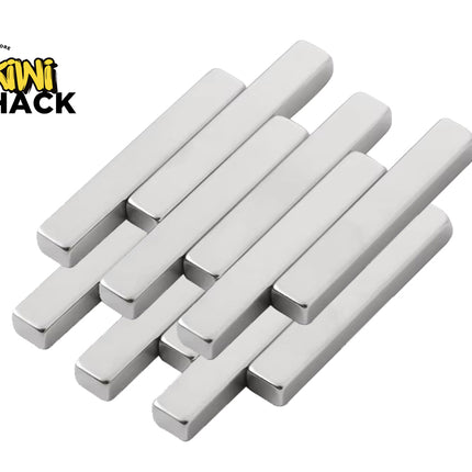 A collection of rectangular neodymium bar magnets with a polished nickel finish arranged in an overlapping pattern against a white background. A "Kiwi Shack" logo appears in the top-left corner.