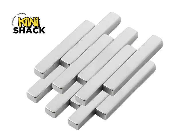 A collection of rectangular neodymium bar magnets with a polished nickel finish arranged in an overlapping pattern against a white background. A "Kiwi Shack" logo appears in the top-left corner.
