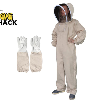 Beekeeping suit with gloves and Kiwi Shack logo on a white background