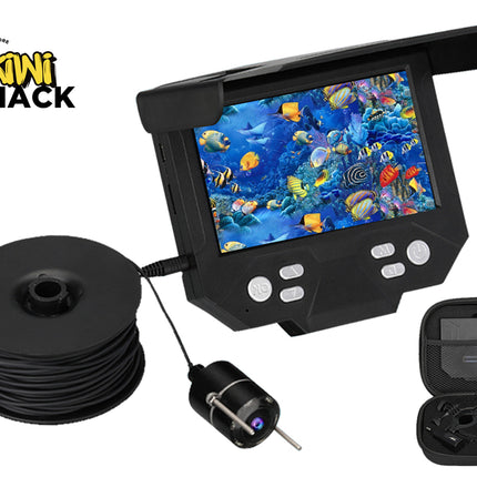 Underwater fishing camera system with monitor, cable, and power adapter on a white background.