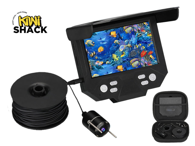 Underwater fishing camera system with monitor, cable, and power adapter on a white background.