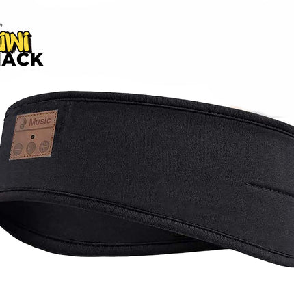 A black fabric Bluetooth sleep headband with a brown control panel patch labeled "Music" on the front left against a white background. A "Kiwi Shack" logo appears in the top-left corner.