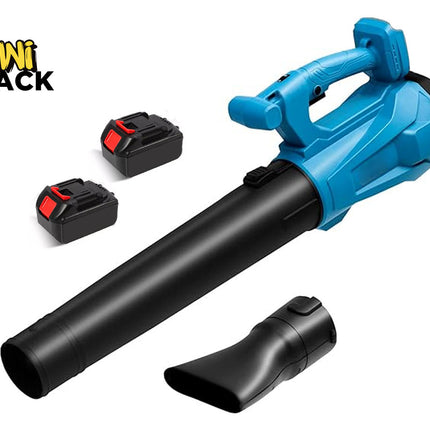 Blue and black leaf blower with attachments on a white background, featuring Kiwi Shack logo.