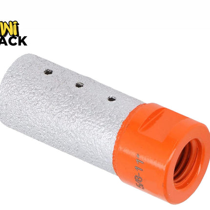 A diamond core drill bit featuring a textured silver abrasive cutting cylinder with cooling holes and an orange 5/8-11 threaded base, set against a white background. A "Kiwi Shack" logo appears in the top-left corner.