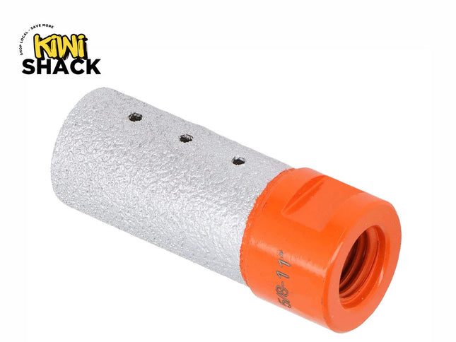 A diamond core drill bit featuring a textured silver abrasive cutting cylinder with cooling holes and an orange 5/8-11 threaded base, set against a white background. A "Kiwi Shack" logo appears in the top-left corner.