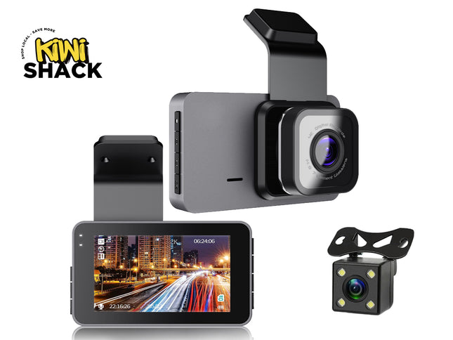 Car dashboard camera system with multiple cameras and display on a white background, featuring Kini Shack brand.