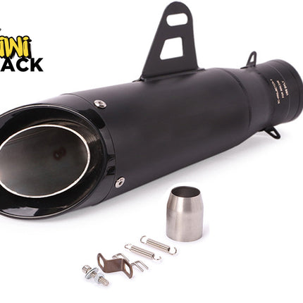 A black motorcycle exhaust tip with mounting hardware, shown on a white background with the Kiwi Shack logo in the top-left corner.