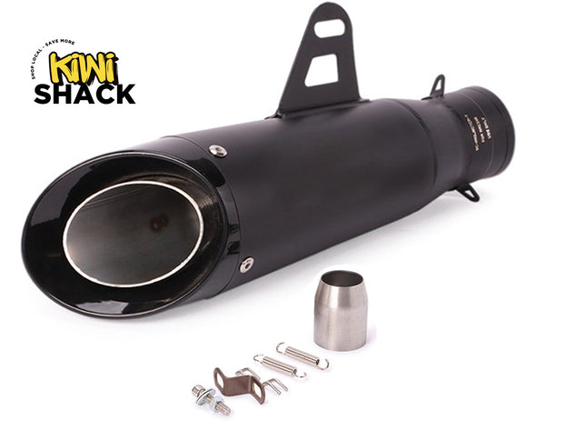 A black motorcycle exhaust tip with mounting hardware, shown on a white background with the Kiwi Shack logo in the top-left corner.