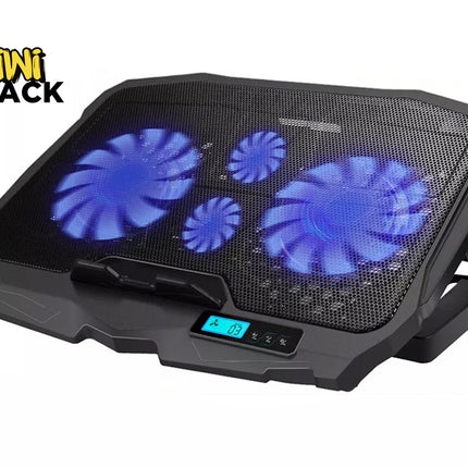 Black laptop cooling pad with blue LED fans and digital display on a white background, featuring the Kiwi Shack brand.