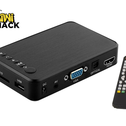 Black electronic device with ports and a remote control on a white background, featuring the Kiwi Shack logo.