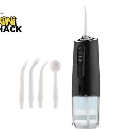 Black dental water flosser with clear reservoir and white nozzles on a white background, featuring the Kiwi Shack logo.