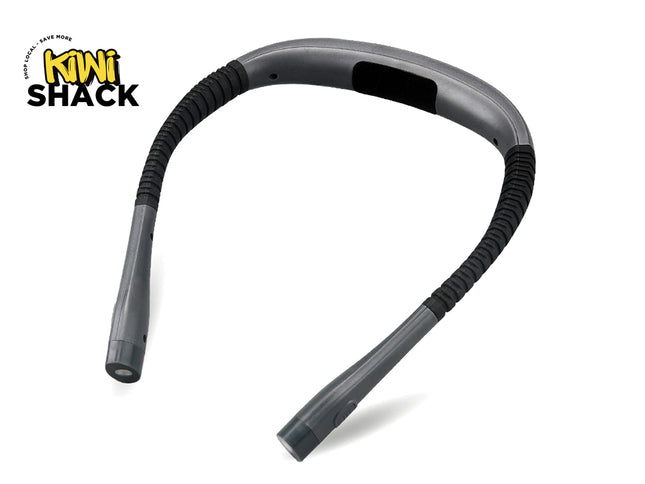 A gray and black curved neck strap device with ribbed sections, shown on a white background with the Kiwi Shack logo in the top-left corner.