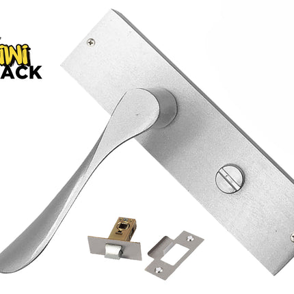 Silver modern lever door handle mounted on a rectangular backplate with a privacy turn-latch slot, accompanied by a latch mechanism and strike plate, branded with the "Kiwi Shack" logo in the top-left corner.