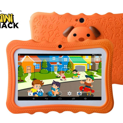 Children's tablet with orange case featuring a cartoon scene on a white background, branded 'Kiwi Shack'.