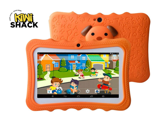 Children's tablet with orange case featuring a cartoon scene on a white background, branded 'Kiwi Shack'.