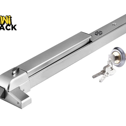 A silver commercial panic bar door exit device with a matching exterior lever lock cylinder and a set of keys, featuring a "Kiwi Shack" logo in the top left corner.