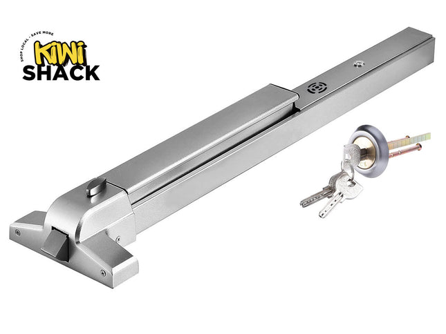 A silver commercial panic bar door exit device with a matching exterior lever lock cylinder and a set of keys, featuring a "Kiwi Shack" logo in the top left corner.