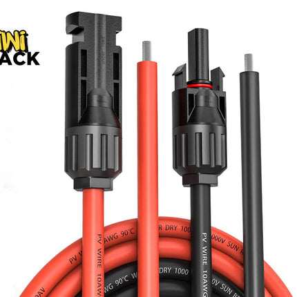 A close-up view of heavy-duty 10 AWG red and black photovoltaic solar wire cables with stripped ends and pre-attached MC4-style connectors coiled in the background against a white background, featuring the "Kiwi Shack" logo in the upper left corner.