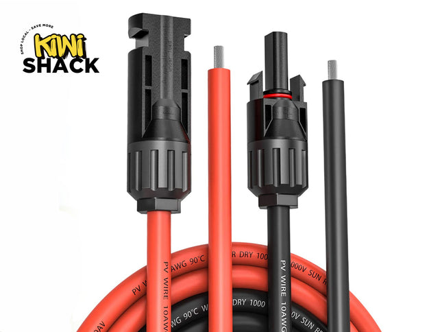 A close-up view of heavy-duty 10 AWG red and black photovoltaic solar wire cables with stripped ends and pre-attached MC4-style connectors coiled in the background against a white background, featuring the "Kiwi Shack" logo in the upper left corner.