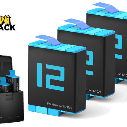 Four black and blue Mini Shack 12V replacement batteries shown with an open black charging case on a white background. The Mini Shack logo is visible in the top left corner.